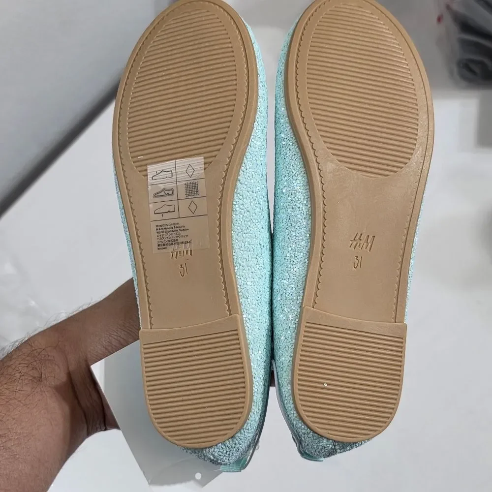 H&M Girls Turquoise Blue Glitter Mary Jane Flats Dress Shoes Size 13.5 NEW